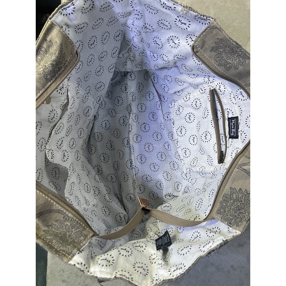 Myra Bag Gray Floral Zip Tote w/ Brown Leather Double Handles Lined Pockets - Picture 6 of 10